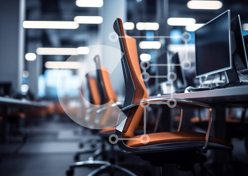 Intra Συλλεκτικό Ξύλινο Παζλ Plywood  4mm - Χώρος γραφείου με πορτοκαλί καρέκλες και γραφεία υπολογιστών Σε Ξύλινο Κουτί - Διαστάσεις Puzzle: 10x10 cm – 25 κομμάτια