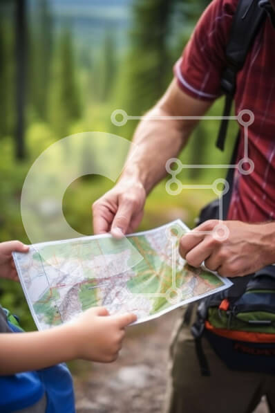 Intra Συλλεκτικό Ξύλινο Παζλ Plywood  4mm - Πατέρας και γιος πεζοπορία στο δάσος με χάρτη Σε Ξύλινο Κουτί - Διαστάσεις Puzzle: 10x10 cm – 25 κομμάτια