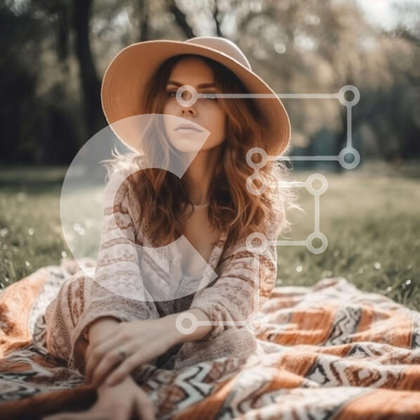 Intra Συλλεκτικό Ξύλινο Παζλ Plywood  4mm - Ημέρα χαλάρωσης στο πάρκο: Γυναίκα με καπέλο με φαρδύ γείσο και φόρεμα που ρέει Σε Ξύλινο Κουτί - Διαστάσεις Puzzle: 10x10 cm – 25 κομμάτια