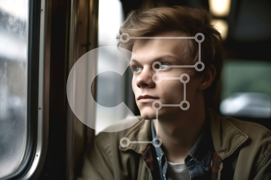 Intra Συλλεκτικό Ξύλινο Παζλ Plywood  4mm - Σοβαρός νεαρός άνδρας με καφέ σακάκι που κοιτάζει έξω από το παράθυρο του τρένου Σε Ξύλινο Κουτί - Διαστάσεις Puzzle: 10x10 cm – 25 κομμάτια