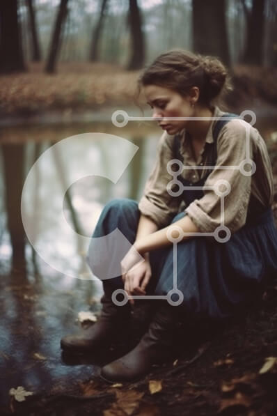 Σετ των 2 Intra Συλλεκτικό Ξύλινο Παζλ Plywood  4mm - Λυπημένη γυναίκα που κάθεται δίπλα στο ποτάμι στο δάσος Σε Ξύλινο Κουτί - Διαστάσεις: 10x10 cm – 25 κομμάτια