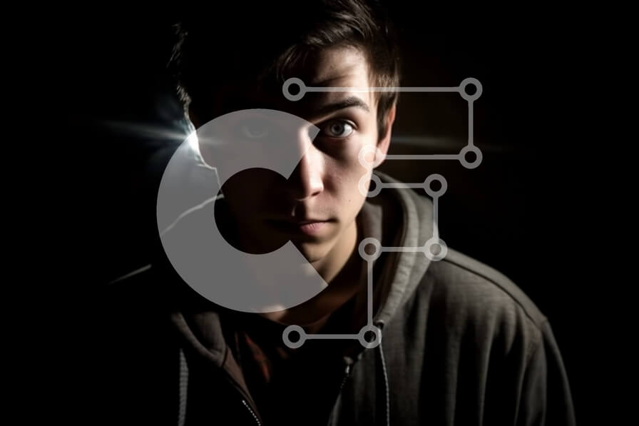 Intra Συλλεκτικό Ξύλινο Παζλ Plywood  4mm - Νεαρός άνδρας με μαύρο κουκούλα με σοβαρή έκφραση Σε Ξύλινο Κουτί - Διαστάσεις Puzzle: 10x10 cm – 25 κομμάτια