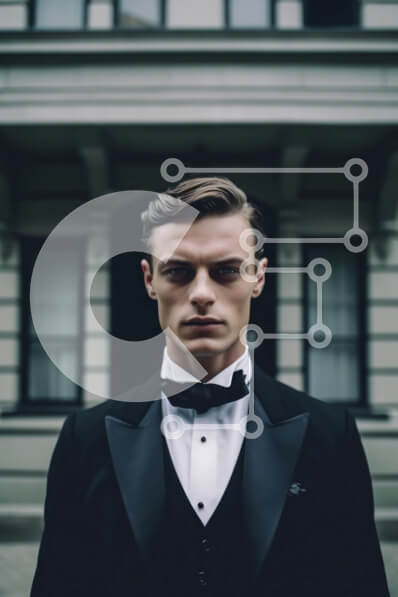 Intra Συλλεκτικό Ξύλινο Παζλ Plywood  4mm - Κομψός άνδρας με σμόκιν με μαύρο μπαστούνι μπροστά από λευκό κτίριο Σε Ξύλινο Κουτί - Διαστάσεις Puzzle: 10x10 cm – 25 κομμάτια