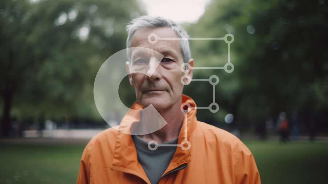 Intra Συλλεκτικό Ξύλινο Παζλ Plywood  4mm - Σοβαρός ηλικιωμένος με πορτοκαλί μπουφάν που στέκεται σε ένα πάρκο Σε Ξύλινο Κουτί - Διαστάσεις Puzzle: 10x10 cm – 25 κομμάτια