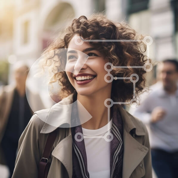 Intra Συλλεκτικό Ξύλινο Παζλ Plywood  4mm - Χαμογελαστή γυναίκα που περπατά στην πόλη με μαύρισμα μπουφάν και καφέ τσάντα Σε Ξύλινο Κουτί - Διαστάσεις Puzzle: 10x10 cm – 25 κομμάτια