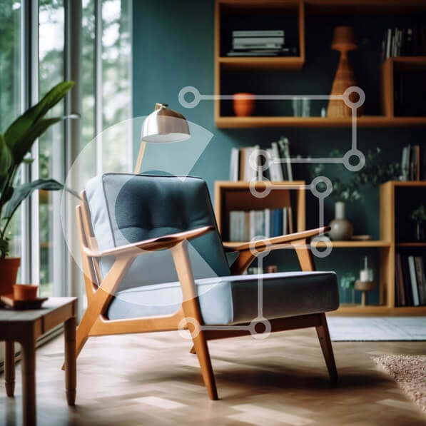 Intra Συλλεκτικό Ξύλινο Παζλ Plywood  4mm - Όμορφη εικόνα ενός άνετου σαλονιού με μπλε πολυθρόνα, ράφι και φυτό Σε Ξύλινο Κουτί - Διαστάσεις Puzzle: 10x10 cm – 25 κομμάτια