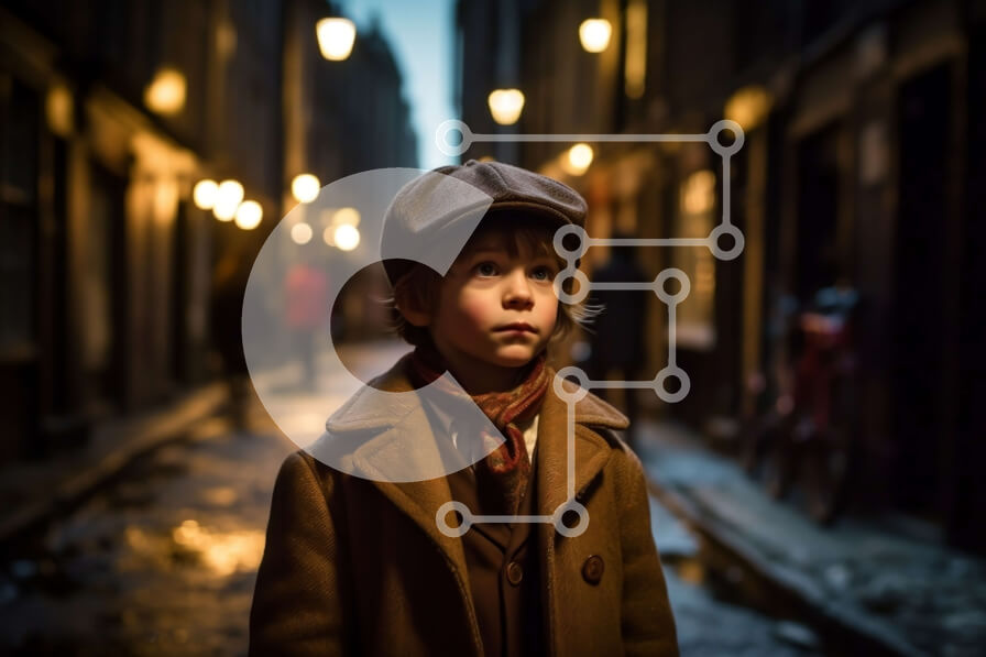 Intra Συλλεκτικό Ξύλινο Παζλ Plywood  4mm - Όμορφη εικόνα του νεαρού αγοριού στη λιθόστρωτη οδό στο σούρουπο Σε Ξύλινο Κουτί - Διαστάσεις Puzzle: 10x10 cm – 25 κομμάτια