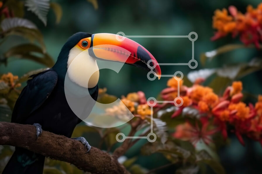 Σετ των 2 Intra Συλλεκτικό Ξύλινο Παζλ Plywood  4mm - Πολύχρωμο Τουκάν που κάθεται σε ένα κλαδί με ζωντανά λουλούδια στο φόντο Σε Ξύλινο Κουτί - Διαστάσεις: 10x10 cm – 25 κομμάτια