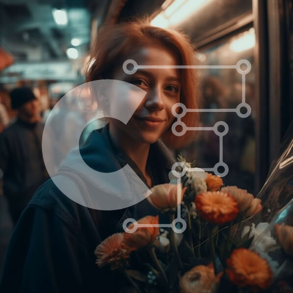 Intra Συλλεκτικό Ξύλινο Παζλ Plywood  4mm - Χαμογελαστή κοκκινομάλλα γυναίκα με πορτοκαλί λουλούδια στην πολυσύχναστη οδό Σε Ξύλινο Κουτί - Διαστάσεις Puzzle: 10x10 cm – 25 κομμάτια