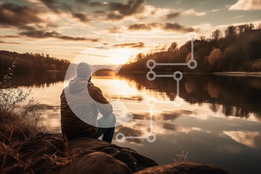 Intra Συλλεκτικό Ξύλινο Παζλ Plywood  4mm - Εκπληκτική θέα στο ηλιοβασίλεμα ενός άνδρα με μπουφάν με κουκούλα που κάθεται σε έναν βράχο δίπλα στη λίμνη Σε Ξύλινο Κουτί - Διαστάσεις: 10x10 cm – 25 κομμάτια