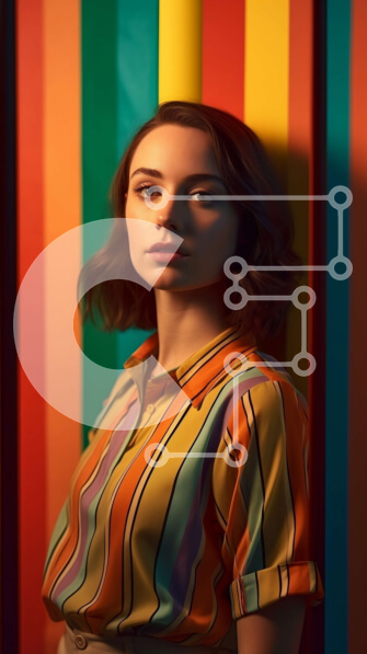 Intra Συλλεκτικό Ξύλινο Παζλ Plywood  4mm - Πολύχρωμο ριγέ πουκάμισο γυναίκα που στέκεται μπροστά από τον ριγέ τοίχο Σε Ξύλινο Κουτί - Διαστάσεις Puzzle: 10x10 cm – 25 κομμάτια