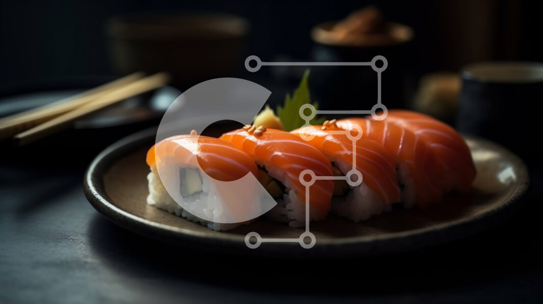 Σετ των 2 Intra Συλλεκτικό Ξύλινο Παζλ Plywood  4mm - Νόστιμο πιάτο σούσι με φρέσκο ​​σολομό και ρολά αβοκάντο Σε Ξύλινο Κουτί - Διαστάσεις: 10x10 cm – 25 κομμάτια