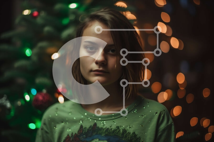 Intra Συλλεκτικό Ξύλινο Παζλ Plywood  4mm - Χαριτωμένη φωτογραφία κοριτσιού με πράσινο πουκάμισο μπροστά από το χριστουγεννιάτικο δέντρο Σε Ξύλινο Κουτί - Διαστάσεις: 10x10 cm – 25 κομμάτια