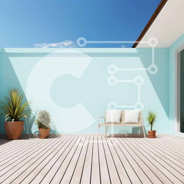 Intra Συλλεκτικό Ξύλινο Παζλ Plywood  4mm - Φωτεινός και ευρύχωρος εξωτερικός χώρος με μπλε τοίχο και ξύλινο πάτωμα Σε Ξύλινο Κουτί - Διαστάσεις Puzzle: 10x10 cm – 25 κομμάτια