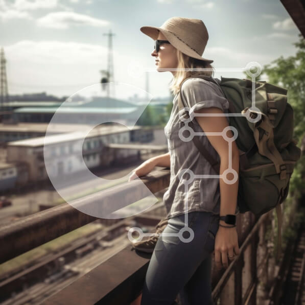 Intra Συλλεκτικό Ξύλινο Παζλ Plywood  4mm - Γυναίκα με πράσινο σακίδιο σε μια γέφυρα που κοιτάζει το αστικό τοπίο Σε Ξύλινο Κουτί - Διαστάσεις Puzzle: 10x10 cm – 25 κομμάτια