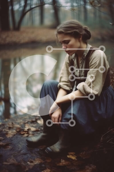 Σετ των 2 Intra Συλλεκτικό Ξύλινο Παζλ Plywood  4mm - Νεαρή γυναίκα δίπλα σε ένα ποτάμι σε μια δασώδη περιοχή Σε Ξύλινο Κουτί - Διαστάσεις: 10x10 cm – 25 κομμάτια