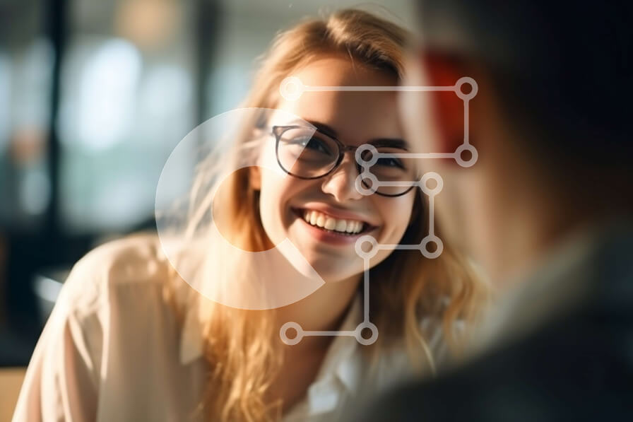 Intra Συλλεκτικό Ξύλινο Παζλ Plywood  4mm - Χαμογελαστή γυναίκα με γυαλιά που μιλά στον άνδρα σε επαγγελματικό περιβάλλον Σε Ξύλινο Κουτί - Διαστάσεις Puzzle: 10x10 cm – 25 κομμάτια