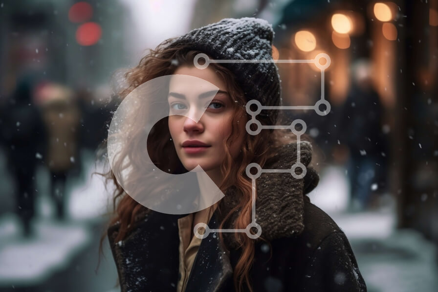 Intra Συλλεκτικό Ξύλινο Παζλ Plywood  4mm - Στοχαστική νεαρή γυναίκα με σγουρά κόκκινα μαλλιά που στέκεται στο χιονισμένο δρόμο Σε Ξύλινο Κουτί - Διαστάσεις Puzzle: 10x10 cm – 25 κομμάτια