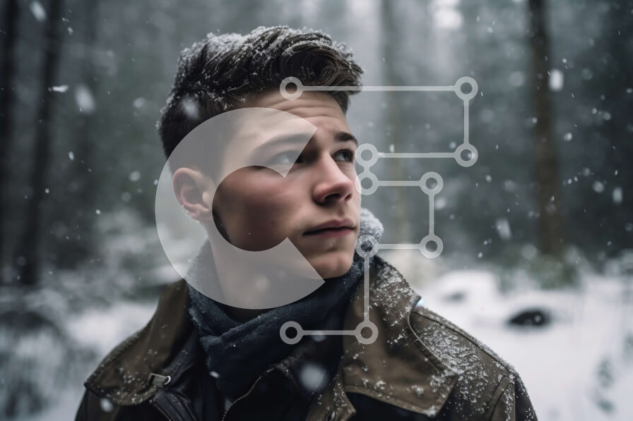 Intra Συλλεκτικό Ξύλινο Παζλ Plywood  4mm - Γαλήνια εικόνα ενός στοχαστικού νεαρού άνδρα στο χιονισμένο δάσος Σε Ξύλινο Κουτί - Διαστάσεις Puzzle: 10x10 cm – 25 κομμάτια