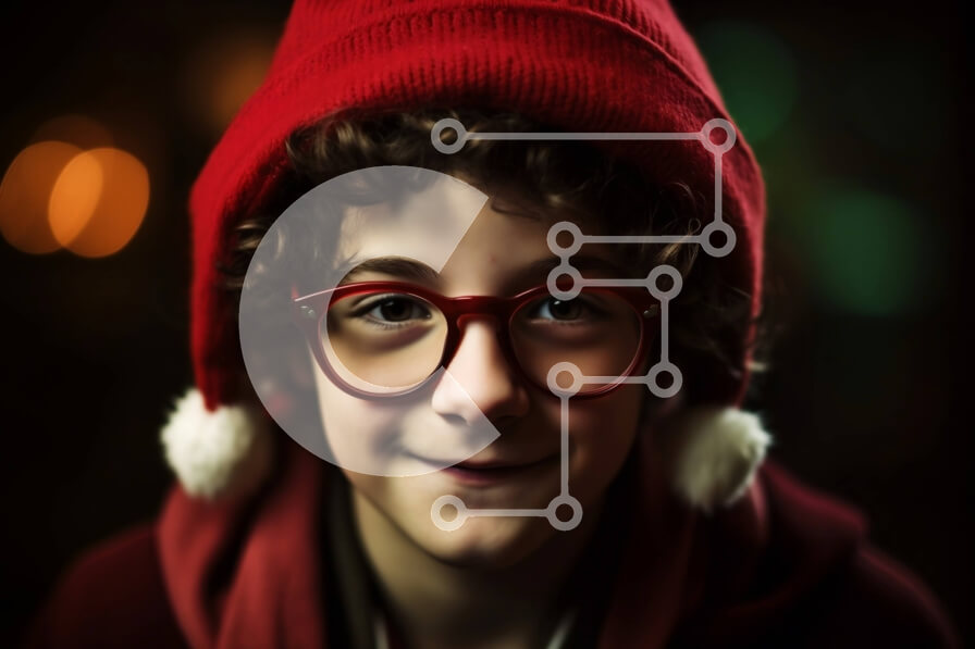 Intra Συλλεκτικό Ξύλινο Παζλ Plywood  4mm - Χαριτωμένη εικόνα ενός νεαρού αγοριού που χαμογελά με ένα κόκκινο καπέλο και γυαλιά Άγιου Βασίλη Σε Ξύλινο Κουτί - Διαστάσεις Puzzle: 10x10 cm – 25 κομμάτια