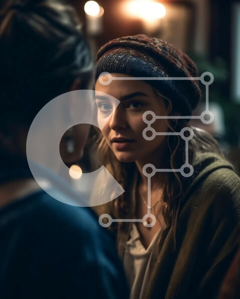 Intra Συλλεκτικό Ξύλινο Παζλ Plywood  4mm - Νεαρή γυναίκα και άνδρας σε μια σοβαρή συνομιλία σε αμυδρά φωτισμένο δωμάτιο Σε Ξύλινο Κουτί - Διαστάσεις Puzzle: 10x10 cm – 25 κομμάτια