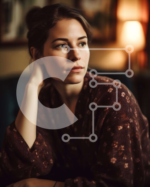 Intra Συλλεκτικό Ξύλινο Παζλ Plywood  4mm - Στοχαστική γυναίκα με καφέ λουλουδάτο σάλι που κάθεται σε δωμάτιο με χαμηλό φωτισμό Σε Ξύλινο Κουτί - Διαστάσεις Puzzle: 10x10 cm – 25 κομμάτια