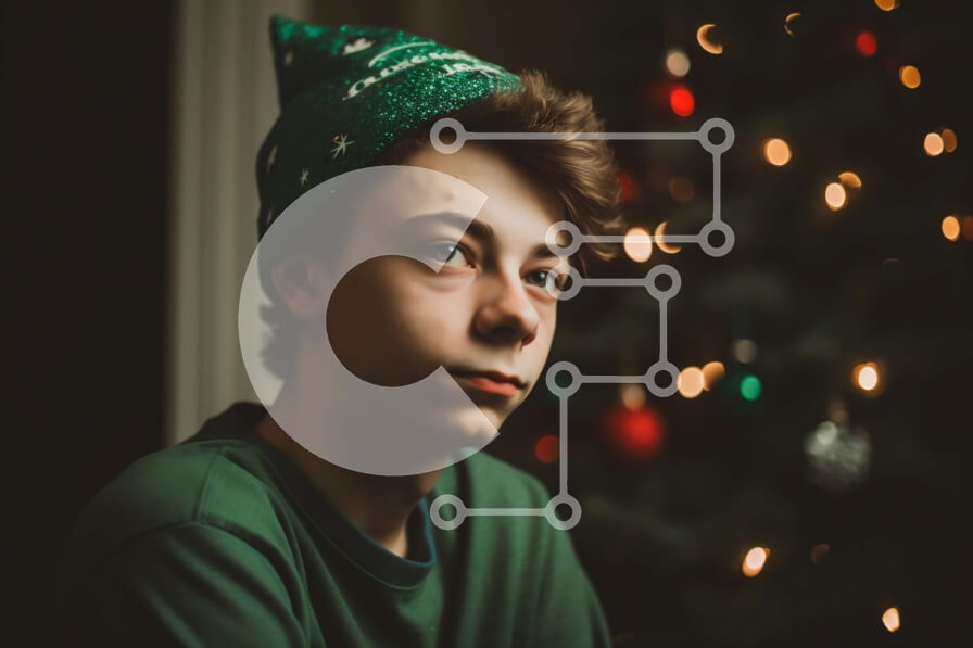 Intra Συλλεκτικό Ξύλινο Παζλ Plywood  4mm - Χαριτωμένη εικόνα νεαρού αγοριού με πράσινο χριστουγεννιάτικο καπέλο που κάθεται μπροστά από το δέντρο Σε Ξύλινο Κουτί - Διαστάσεις: 10x10 cm – 25 κομμάτια