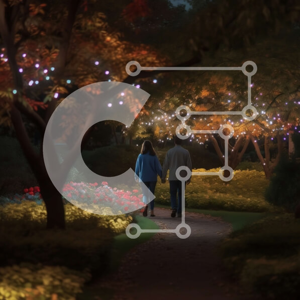 Intra Συλλεκτικό Ξύλινο Παζλ Plywood  4mm - Ρομαντική νυχτερινή βόλτα: Ζευγάρι περπατά στο μονοπάτι γεμάτο με πολύχρωμα φώτα Σε Ξύλινο Κουτί - Διαστάσεις Puzzle: 10x10 cm – 25 κομμάτια