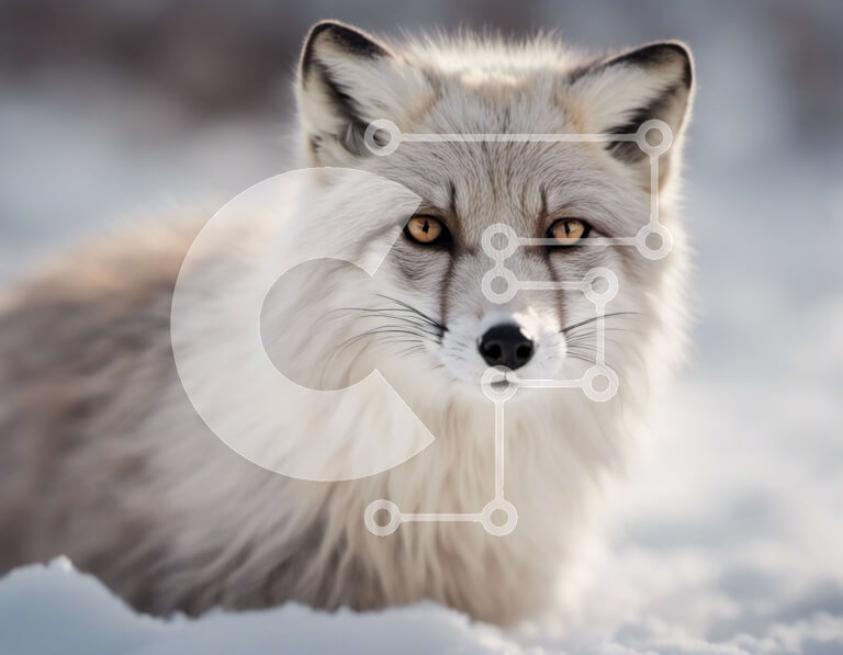 Σετ των 2 Intra Συλλεκτικό Ξύλινο Παζλ Plywood  4mm - Λευκή αλεπού με κίτρινα μάτια που κάθεται στο χιόνι Σε Ξύλινο Κουτί - Διαστάσεις: 10x10 cm – 25 κομμάτια