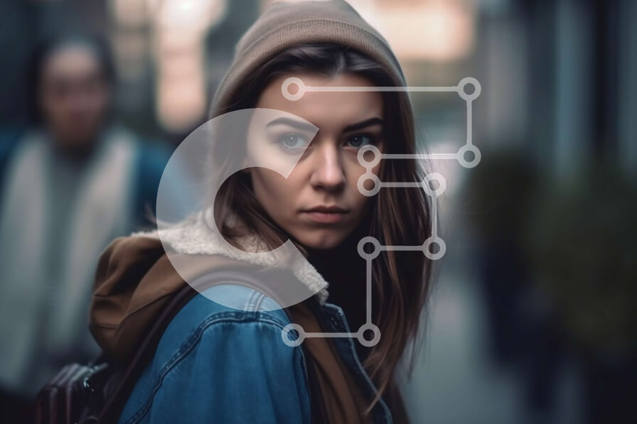 Intra Συλλεκτικό Ξύλινο Παζλ Plywood  4mm - Σοβαρή νεαρή γυναίκα στην οδό της πόλης Σε Ξύλινο Κουτί - Διαστάσεις Puzzle: 10x10 cm – 25 κομμάτια