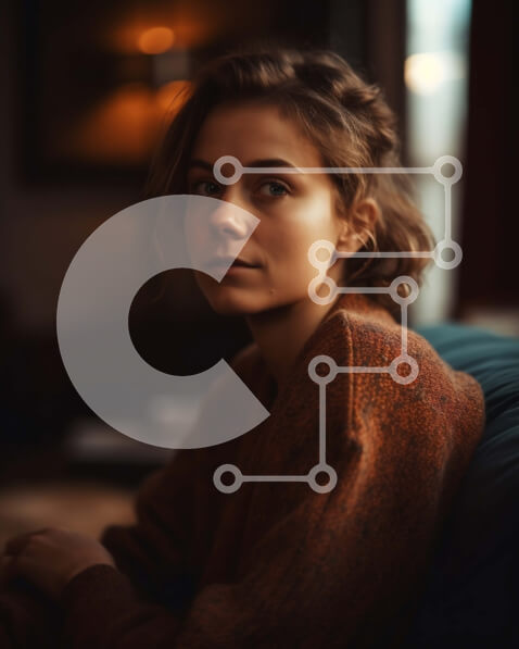 Intra Συλλεκτικό Ξύλινο Παζλ Plywood  4mm - Στοχαστική νεαρή γυναίκα με καφέ πουλόβερ που κάθεται σε έναν καναπέ Σε Ξύλινο Κουτί - Διαστάσεις Puzzle: 10x10 cm – 25 κομμάτια