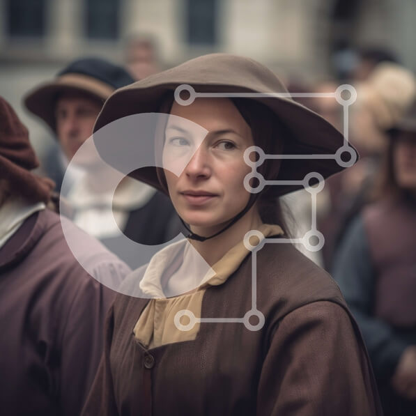 Intra Συλλεκτικό Ξύλινο Παζλ Plywood  4mm - Γυναίκα με καφέ καπέλο και φόρεμα ανάμεσα σε μια ομάδα ανθρώπων με ρούχα περιόδου Σε Ξύλινο Κουτί - Διαστάσεις Puzzle: 10x10 cm – 25 κομμάτια