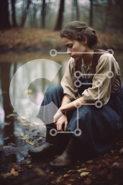 Σετ των 2 Intra Συλλεκτικό Ξύλινο Παζλ Plywood  4mm - Λυπημένη νεαρή γυναίκα που κάθεται δίπλα στο ποτάμι σε ένα δάσος Σε Ξύλινο Κουτί - Διαστάσεις: 10x10 cm – 25 κομμάτια