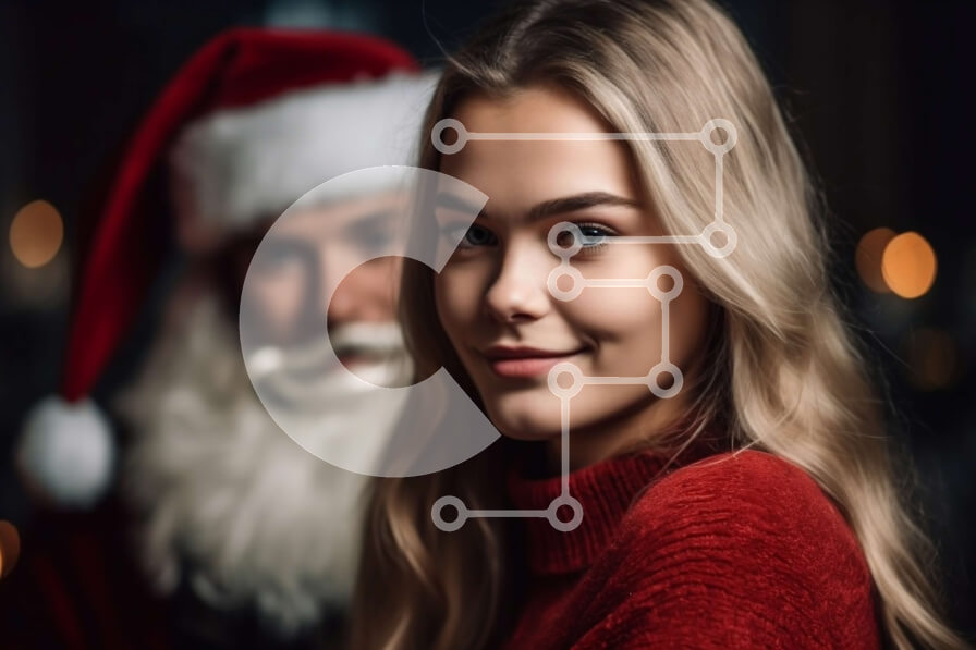 Intra Συλλεκτικό Ξύλινο Παζλ Plywood  4mm - Καλές γιορτές: Γυναίκα με κόκκινο πουλόβερ ποζάρει με τον Άγιο Βασίλη Σε Ξύλινο Κουτί - Διαστάσεις: 10x10 cm – 25 κομμάτια