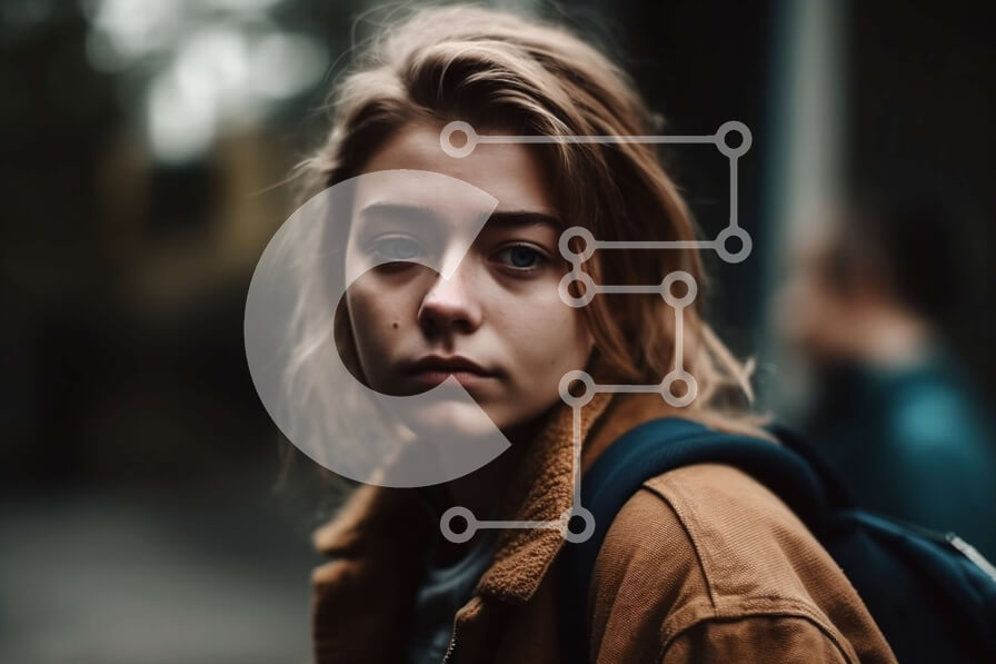 Intra Συλλεκτικό Ξύλινο Παζλ Plywood  4mm - Σοβαρή νεαρή γυναίκα με καστανά μαλλιά και μπλε μάτια που στέκεται σε ένα πεζοδρόμιο Σε Ξύλινο Κουτί - Διαστάσεις Puzzle: 10x10 cm – 25 κομμάτια