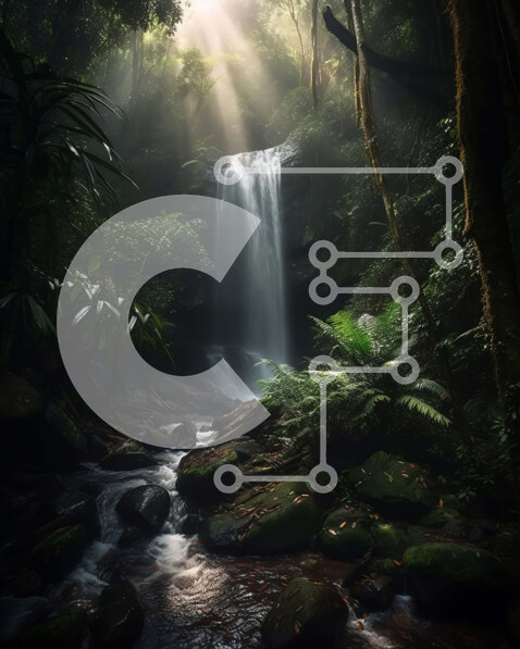 Intra Συλλεκτικό Ξύλινο Παζλ Plywood  4mm - Γραφικός καταρράκτης σε μια πυκνή ζούγκλα με το φως του ήλιου να λάμπει μέσα από τα δέντρα Σε Ξύλινο Κουτί - Διαστάσεις: 10x10 cm – 25 κομμάτια