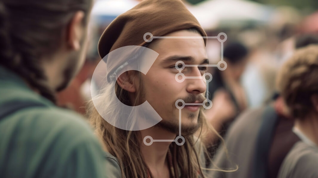 Intra Συλλεκτικό Ξύλινο Παζλ Plywood  4mm - Σοβαρός νεαρός άνδρας σε ένα πλήθος με καπέλο και κασκόλ Σε Ξύλινο Κουτί - Διαστάσεις Puzzle: 10x10 cm – 25 κομμάτια