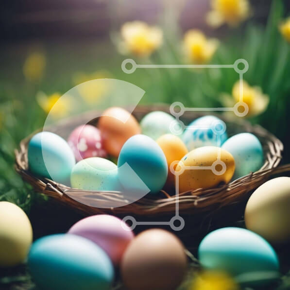 Intra Συλλεκτικό Ξύλινο Παζλ Plywood  4mm - Πολύχρωμα Πασχαλινά αυγά στο γρασίδι με τους νάρκισσους Σε Ξύλινο Κουτί - Διαστάσεις: 10x10 cm – 25 κομμάτια