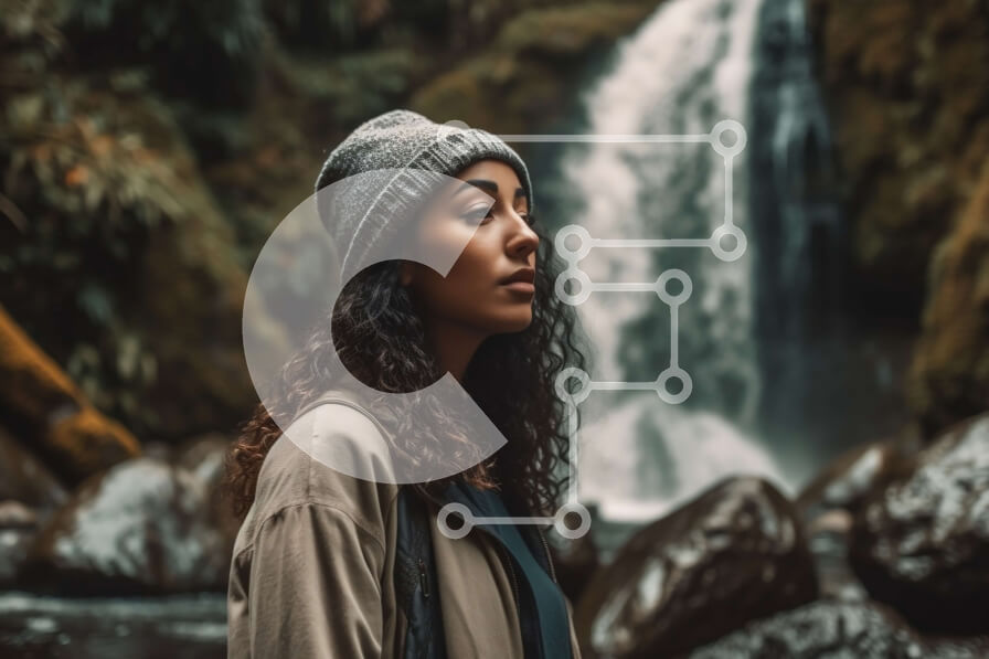 Intra Συλλεκτικό Ξύλινο Παζλ Plywood  4mm - Όμορφη εικόνα μιας γυναίκας σε σκέψη σε έναν μεγαλοπρεπή καταρράκτη Σε Ξύλινο Κουτί - Διαστάσεις: 10x10 cm – 25 κομμάτια