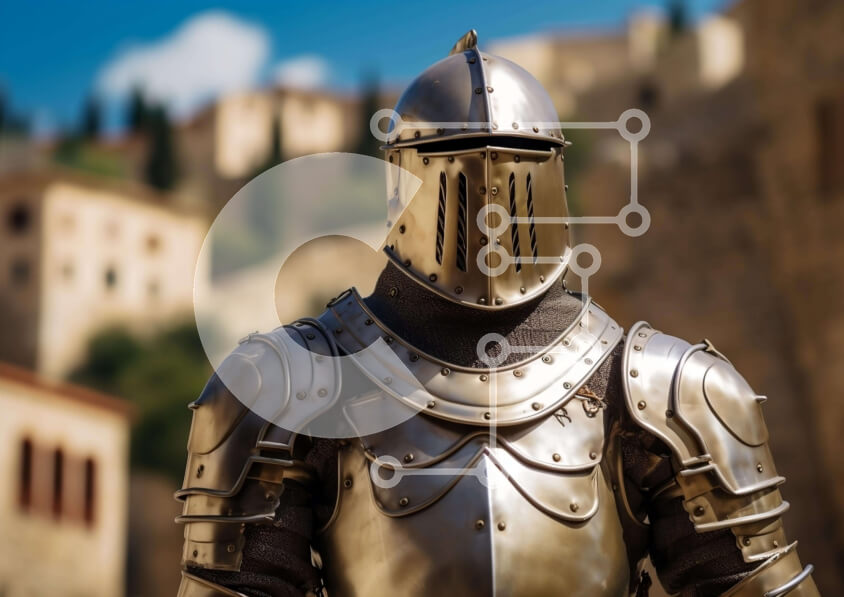 Intra Συλλεκτικό Ξύλινο Παζλ Plywood  4mm - Μεσαιωνικός ιππότης με πανοπλία μπροστά από την αρχαία πόλη Σε Ξύλινο Κουτί - Διαστάσεις Puzzle: 10x10 cm – 25 κομμάτια