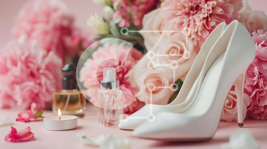 Σετ των 2 Intra Συλλεκτικό Ξύλινο Παζλ Plywood  4mm - Λευκά ψηλοτάκουνα παπούτσια και μπουκάλια αρωμάτων σε ροζ φόντο Σε Ξύλινο Κουτί - Διαστάσεις: 10x10 cm – 25 κομμάτια