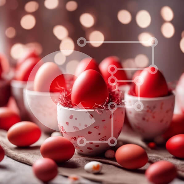 Intra Συλλεκτικό Ξύλινο Παζλ Plywood  4mm - Κόκκινα Πασχαλινά αυγά σε κεραμικά μπολ σε πορτοκαλί τραπεζομάντιλο με πολύχρωμα φώτα Σε Ξύλινο Κουτί - Διαστάσεις: 10x10 cm – 25 κομμάτια