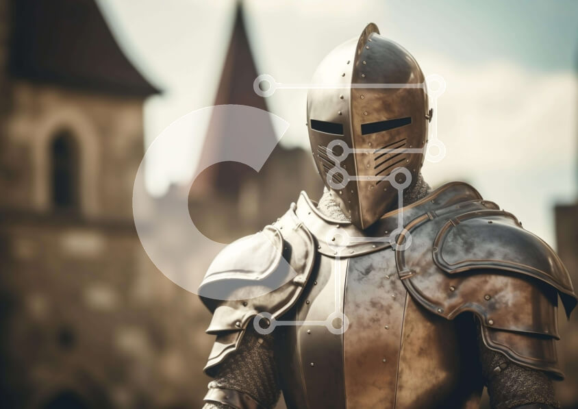 Intra Συλλεκτικό Ξύλινο Παζλ Plywood  4mm - Ιππότης με πλήρη πανοπλία που στέκεται μπροστά από ένα παλιό κτίριο Σε Ξύλινο Κουτί - Διαστάσεις Puzzle: 10x10 cm – 25 κομμάτια