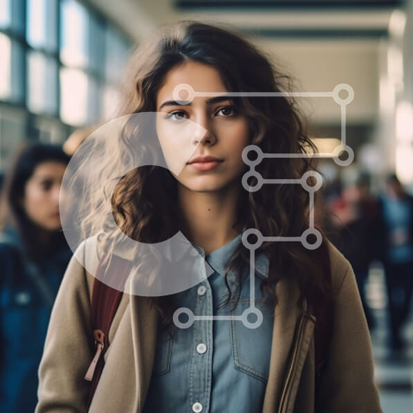 Intra Συλλεκτικό Ξύλινο Παζλ Plywood  4mm - Νεαρή γυναίκα με καφέ σακάκι που στέκεται στη μέση του πολυσύχναστου τερματικού αεροδρομίου Σε Ξύλινο Κουτί - Διαστάσεις Puzzle: 10x10 cm – 25 κομμάτια