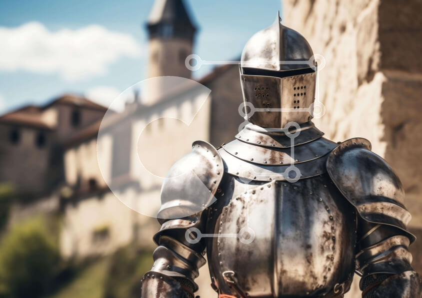 Intra Συλλεκτικό Ξύλινο Παζλ Plywood  4mm - Μεσαιωνικός ιππότης με πανοπλία στο παλιό κάστρο ή το κτίριο Σε Ξύλινο Κουτί - Διαστάσεις Puzzle: 10x10 cm – 25 κομμάτια