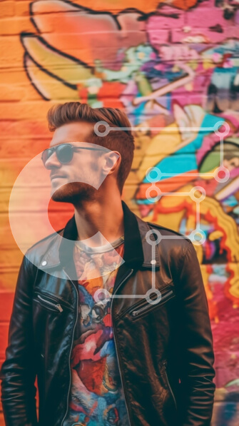 Intra Συλλεκτικό Ξύλινο Παζλ Plywood  4mm - Cool Photo of Man με δερμάτινο μπουφάν και γυαλιά ηλίου από το Graffiti Wall Σε Ξύλινο Κουτί - Διαστάσεις Puzzle: 10x10 cm – 25 κομμάτια