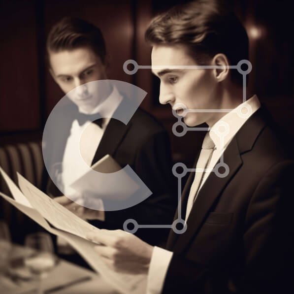 Intra Συλλεκτικό Ξύλινο Παζλ Plywood  4mm - Άντρες με μαύρα κοστούμια και λευκά πουκάμισα που κοιτάζουν το μενού στο δωμάτιο με χαμηλό φωτισμό Σε Ξύλινο Κουτί - Διαστάσεις Puzzle: 10x10 cm – 25 κομμάτια