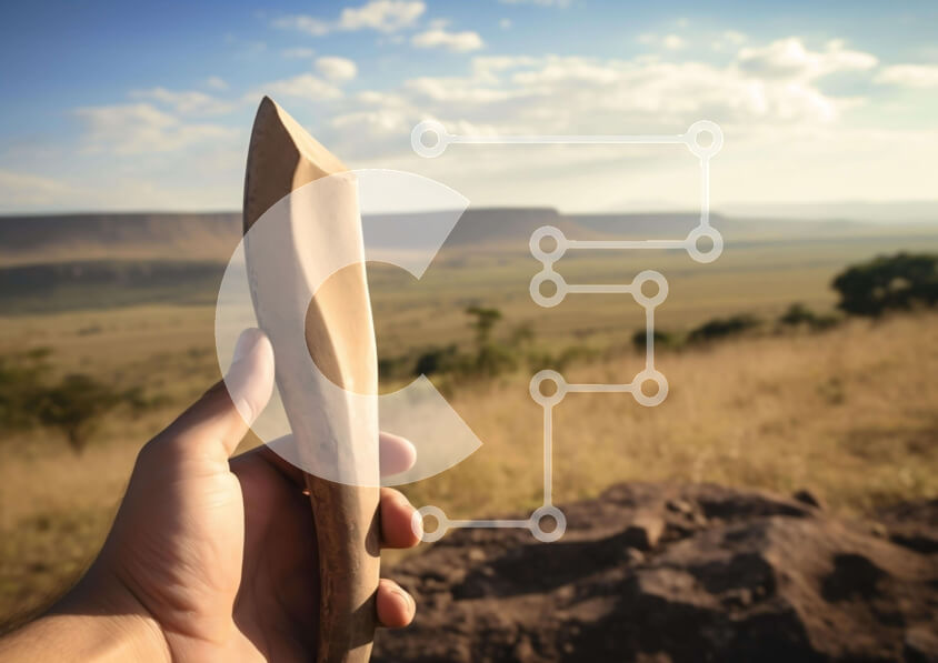 Intra Συλλεκτικό Ξύλινο Παζλ Plywood  4mm - Άτομο που κρατά ένα εργαλείο ή ένα όπλο σε φυσικό τοπίο Σε Ξύλινο Κουτί - Διαστάσεις: 10x10 cm – 25 κομμάτια