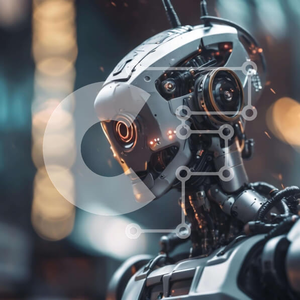 Intra Συλλεκτικό Ξύλινο Παζλ Plywood  4mm - Φουτουριστικό ρομπότ σε φωτισμένο αστικό τοπίο Σε Ξύλινο Κουτί - Διαστάσεις Puzzle: 10x10 cm – 25 κομμάτια