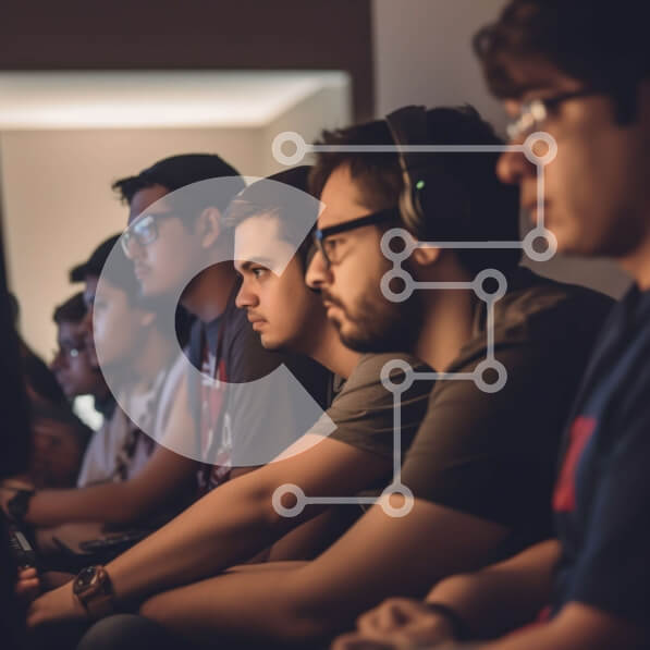 Intra Συλλεκτικό Ξύλινο Παζλ Plywood  4mm - Νεαροί άνδρες που εργάζονται σε υπολογιστές με ακουστικά σε δωμάτιο με χαμηλό φωτισμό Σε Ξύλινο Κουτί - Διαστάσεις Puzzle: 10x10 cm – 25 κομμάτια